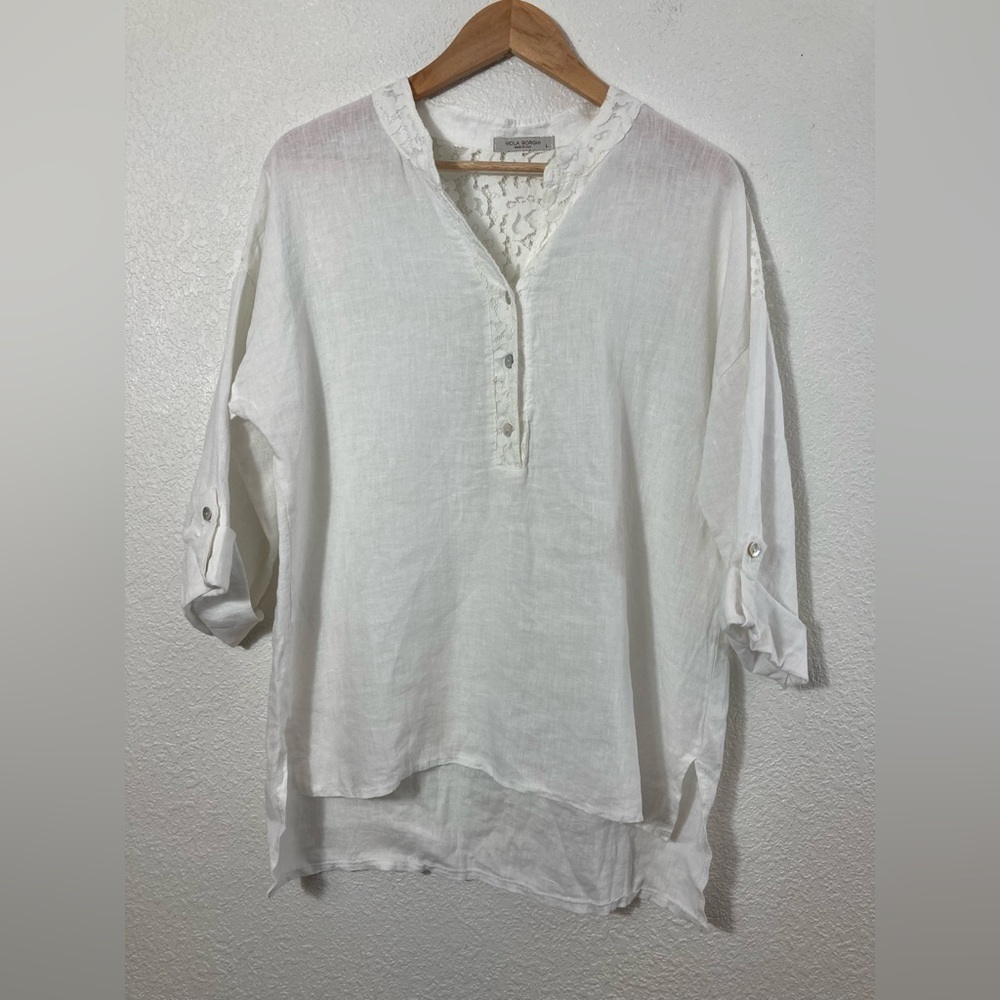 Viola Borghi Made in Italy white linen popover blouse tan sleeves Large lace